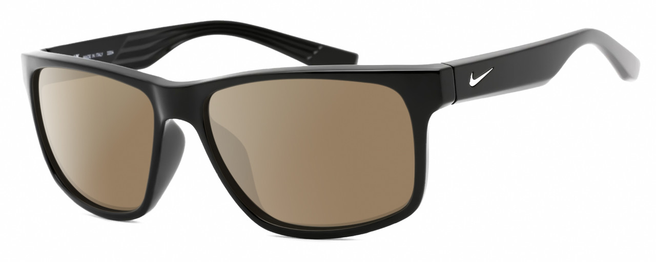 Profile View of NIKE Cruiser-EV0834-001 Designer Polarized Sunglasses with Custom Cut Amber Brown Lenses in Gloss Black Silver Unisex Rectangular Full Rim Acetate 59 mm