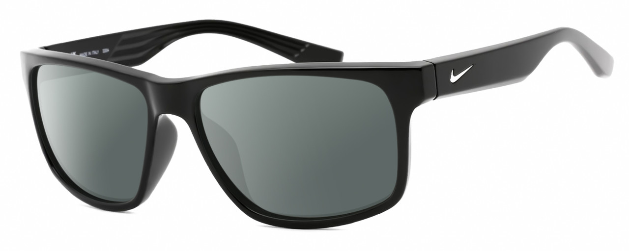 Profile View of NIKE Cruiser-EV0834-001 Designer Polarized Sunglasses with Custom Cut Smoke Grey Lenses in Gloss Black Silver Unisex Rectangular Full Rim Acetate 59 mm