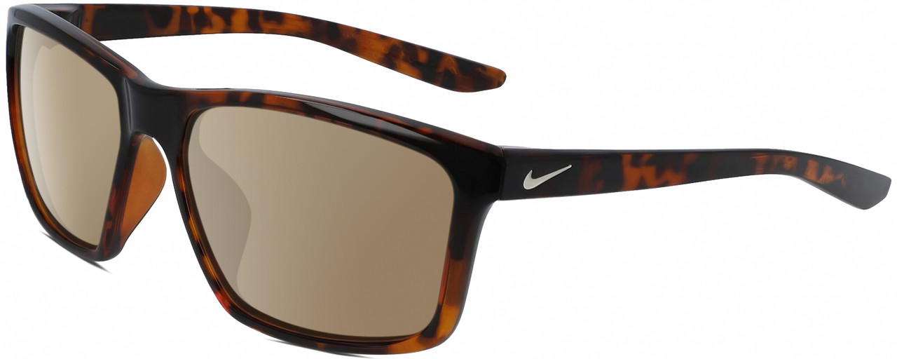 Profile View of NIKE Valiant-CW4645-220 Designer Polarized Sunglasses with Custom Cut Amber Brown Lenses in Gloss Brown Tortoise Havana Crystal White Unisex Rectangular Full Rim Acetate 60 mm