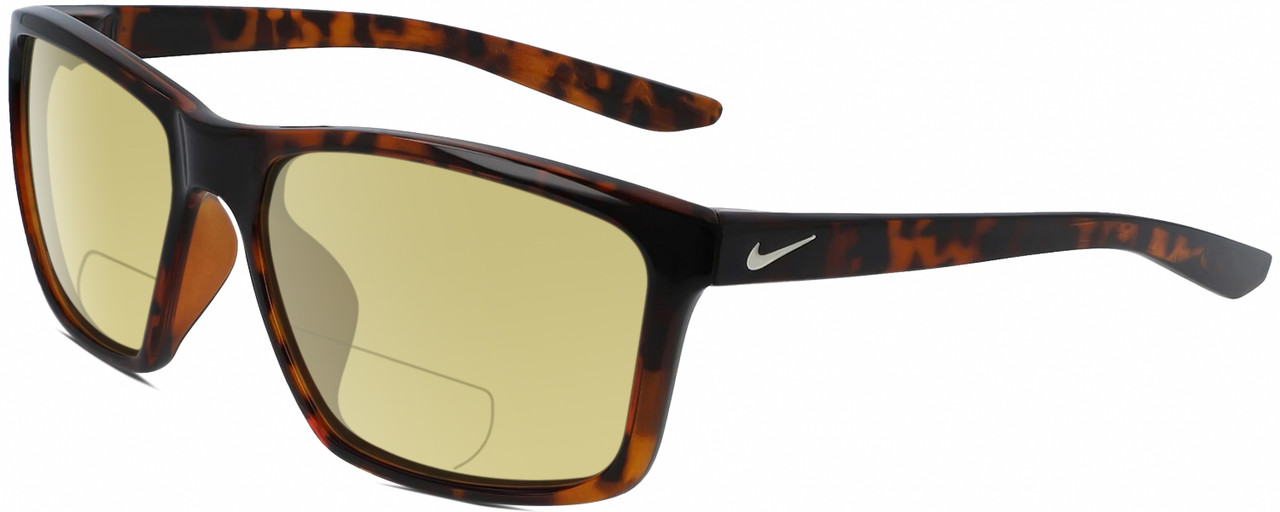 Profile View of NIKE Valiant-CW4645-220 Designer Polarized Reading Sunglasses with Custom Cut Powered Sun Flower Yellow Lenses in Gloss Brown Tortoise Havana Crystal White Unisex Rectangular Full Rim Acetate 60 mm