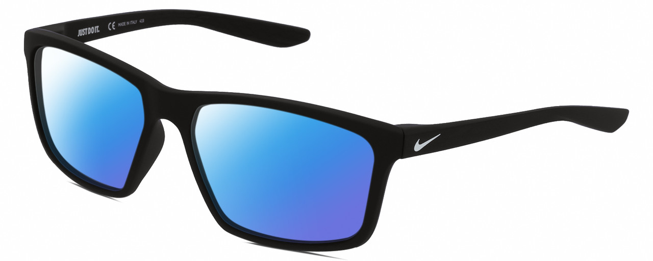Profile View of NIKE Valiant-MI-010 Designer Polarized Sunglasses with Custom Cut Blue Mirror Lenses in Matte Black White Unisex Rectangular Full Rim Acetate 60 mm