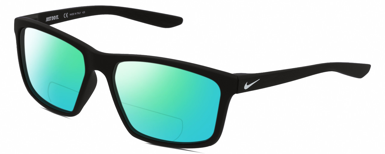 Profile View of NIKE Valiant-MI-010 Designer Polarized Reading Sunglasses with Custom Cut Powered Green Mirror Lenses in Matte Black White Unisex Rectangular Full Rim Acetate 60 mm