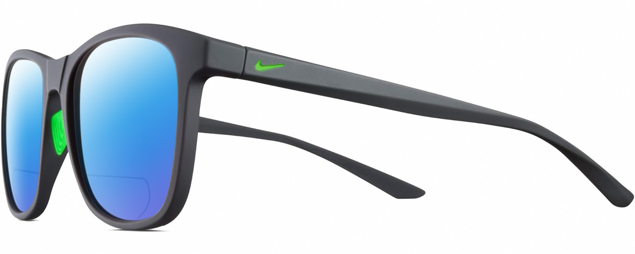 Profile View of NIKE Passage-EV1199-013 Designer Polarized Reading Sunglasses with Custom Cut Powered Blue Mirror Lenses in Matte Anthracite Grey Green Unisex Rectangular Full Rim Acetate 55 mm