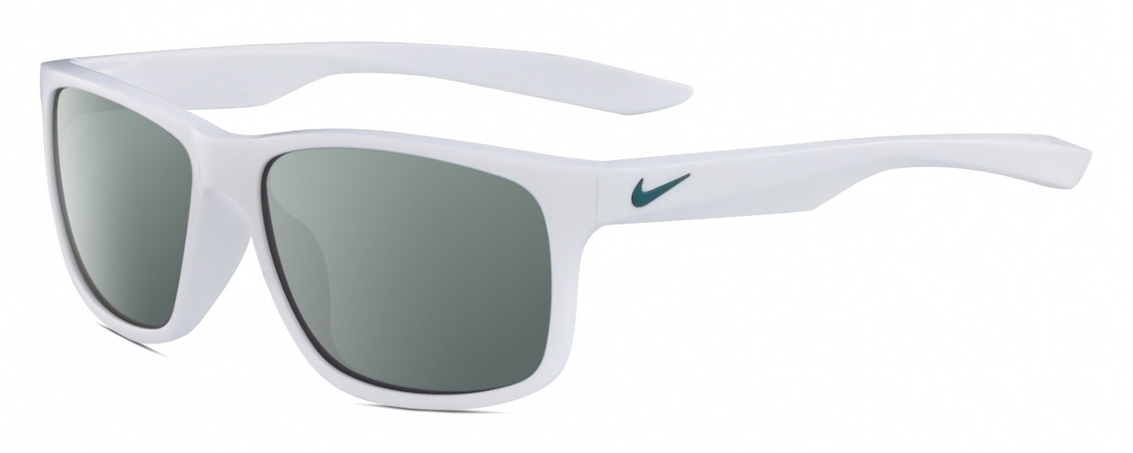 Profile View of NIKE Essent-Chaser-103 Designer Polarized Sunglasses with Custom Cut Smoke Grey Lenses in Gloss White Metallic Green Unisex Square Full Rim Acetate 59 mm