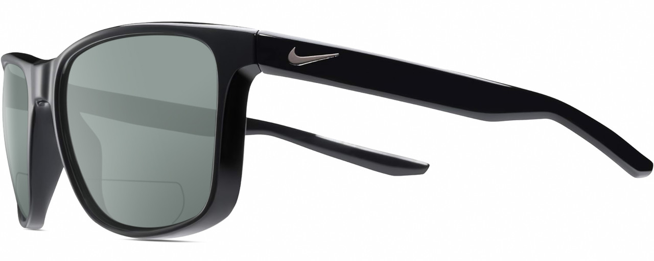 Profile View of NIKE Essent-Endvor-EV1122-001 Designer Polarized Reading Sunglasses with Custom Cut Powered Smoke Grey Lenses in Gloss Black Silver Unisex Panthos Full Rim Acetate 57 mm