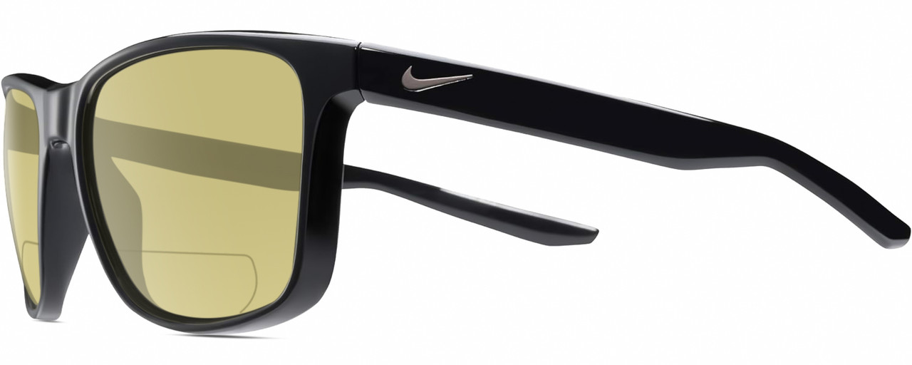 Profile View of NIKE Essent-Endvor-EV1122-001 Designer Polarized Reading Sunglasses with Custom Cut Powered Sun Flower Yellow Lenses in Gloss Black Silver Unisex Panthos Full Rim Acetate 57 mm