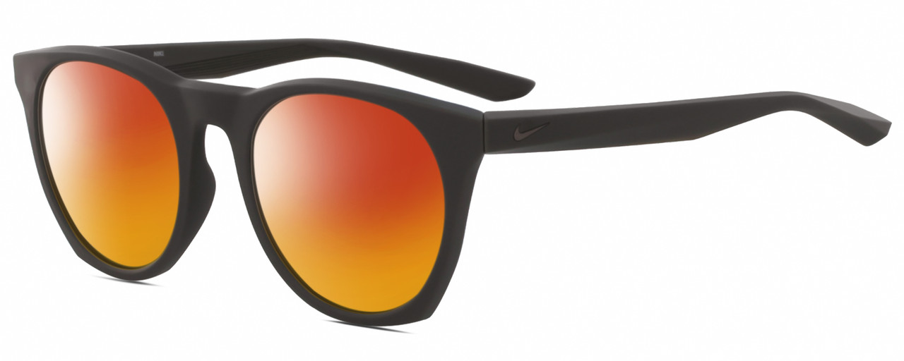 Profile View of NIKE Essent-Horizon-220 Designer Polarized Sunglasses with Custom Cut Red Mirror Lenses in Matte Dark Grey Gunmetal Unisex Panthos Full Rim Acetate 51 mm