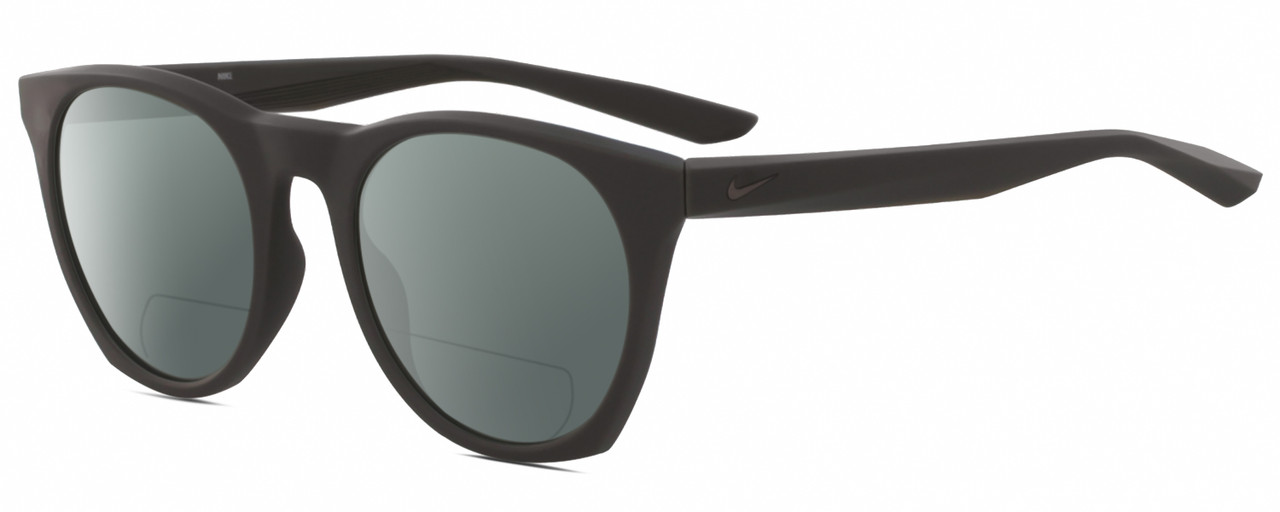 Profile View of NIKE Essent-Horizon-220 Designer Polarized Reading Sunglasses with Custom Cut Powered Smoke Grey Lenses in Matte Dark Grey Gunmetal Unisex Panthos Full Rim Acetate 51 mm