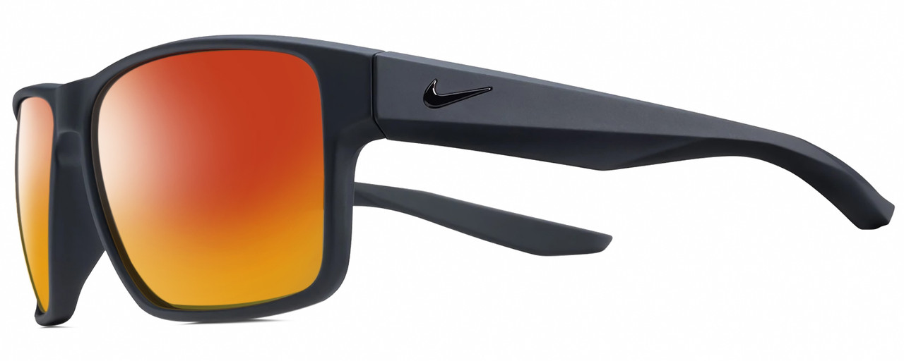 Profile View of NIKE Essent-Venture-002 Designer Polarized Sunglasses with Custom Cut Red Mirror Lenses in Matte Black Unisex Square Full Rim Acetate 59 mm