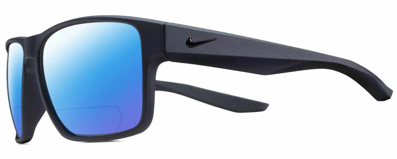 Profile View of NIKE Essent-Venture-002 Designer Polarized Reading Sunglasses with Custom Cut Powered Blue Mirror Lenses in Matte Black Unisex Square Full Rim Acetate 59 mm