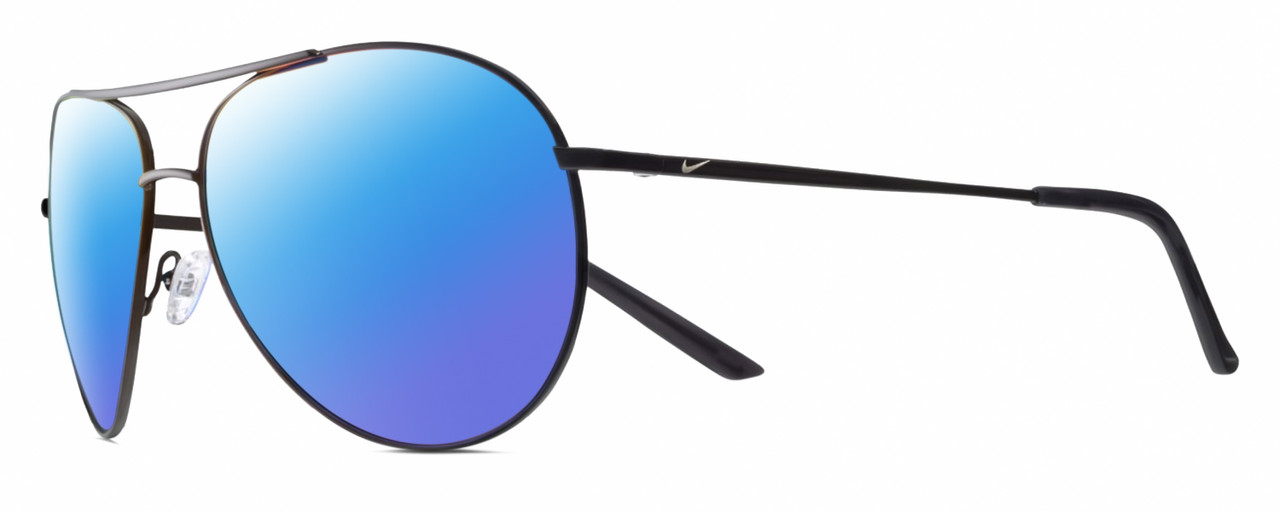 Profile View of NIKE Chance-M-016 Designer Polarized Sunglasses with Custom Cut Blue Mirror Lenses in Shiny Black Grey Unisex Pilot Full Rim Metal 61 mm