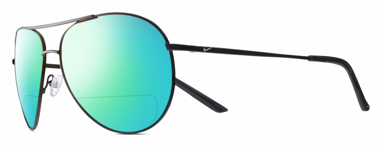 Profile View of NIKE Chance-M-016 Designer Polarized Reading Sunglasses with Custom Cut Powered Green Mirror Lenses in Shiny Black Grey Unisex Pilot Full Rim Metal 61 mm