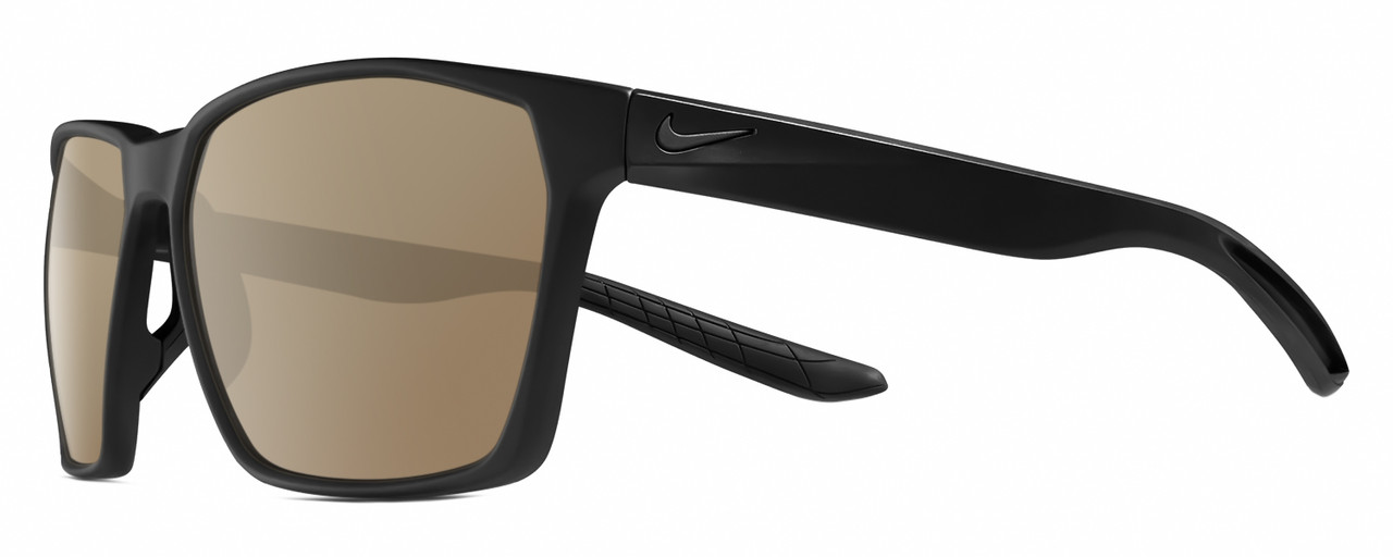 Profile View of NIKE Maverick-P-EV1097-001 Designer Polarized Sunglasses with Custom Cut Amber Brown Lenses in Matte Black Unisex Square Full Rim Acetate 59 mm