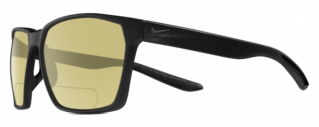 Profile View of NIKE Maverick-P-EV1097-001 Designer Polarized Reading Sunglasses with Custom Cut Powered Sun Flower Yellow Lenses in Matte Black Unisex Square Full Rim Acetate 59 mm