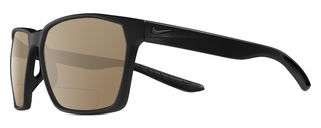 Profile View of NIKE Maverick-P-EV1097-001 Designer Polarized Reading Sunglasses with Custom Cut Powered Amber Brown Lenses in Matte Black Unisex Square Full Rim Acetate 59 mm