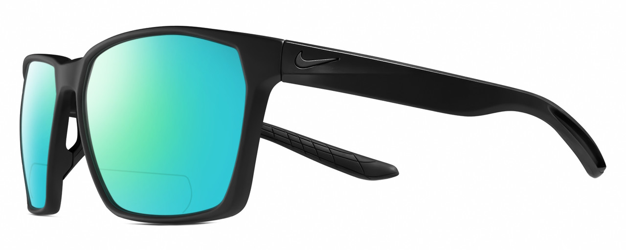 Profile View of NIKE Maverick-P-EV1097-001 Designer Polarized Reading Sunglasses with Custom Cut Powered Green Mirror Lenses in Matte Black Unisex Square Full Rim Acetate 59 mm