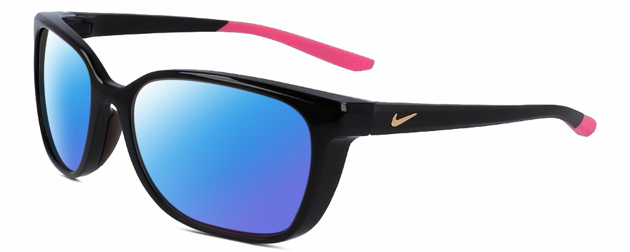 Profile View of NIKE Sentiment-CT7878-010 Designer Polarized Sunglasses with Custom Cut Blue Mirror Lenses in Gloss Black Hot Pink Rose Gold Ladies Square Full Rim Acetate 56 mm