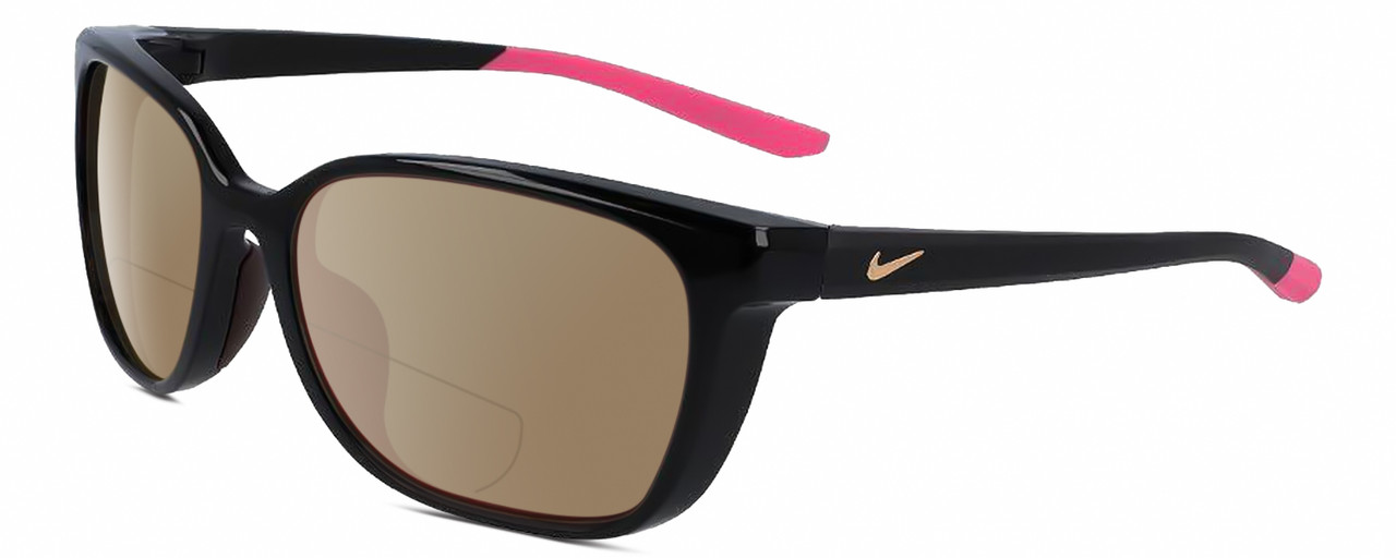 Profile View of NIKE Sentiment-CT7878-010 Designer Polarized Reading Sunglasses with Custom Cut Powered Amber Brown Lenses in Gloss Black Hot Pink Rose Gold Ladies Square Full Rim Acetate 56 mm