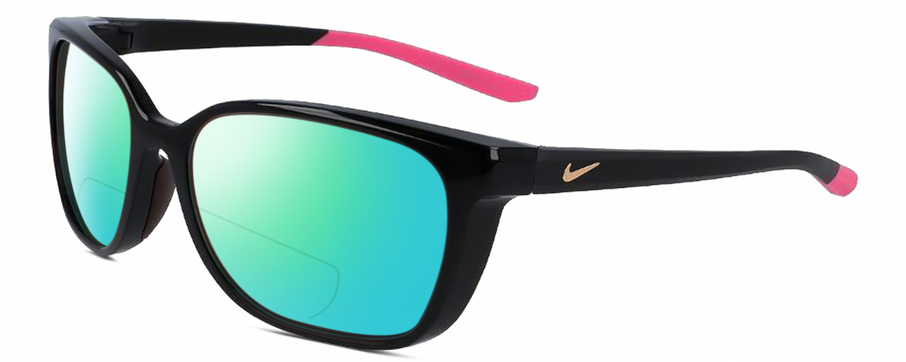 Profile View of NIKE Sentiment-CT7878-010 Designer Polarized Reading Sunglasses with Custom Cut Powered Green Mirror Lenses in Gloss Black Hot Pink Rose Gold Ladies Square Full Rim Acetate 56 mm