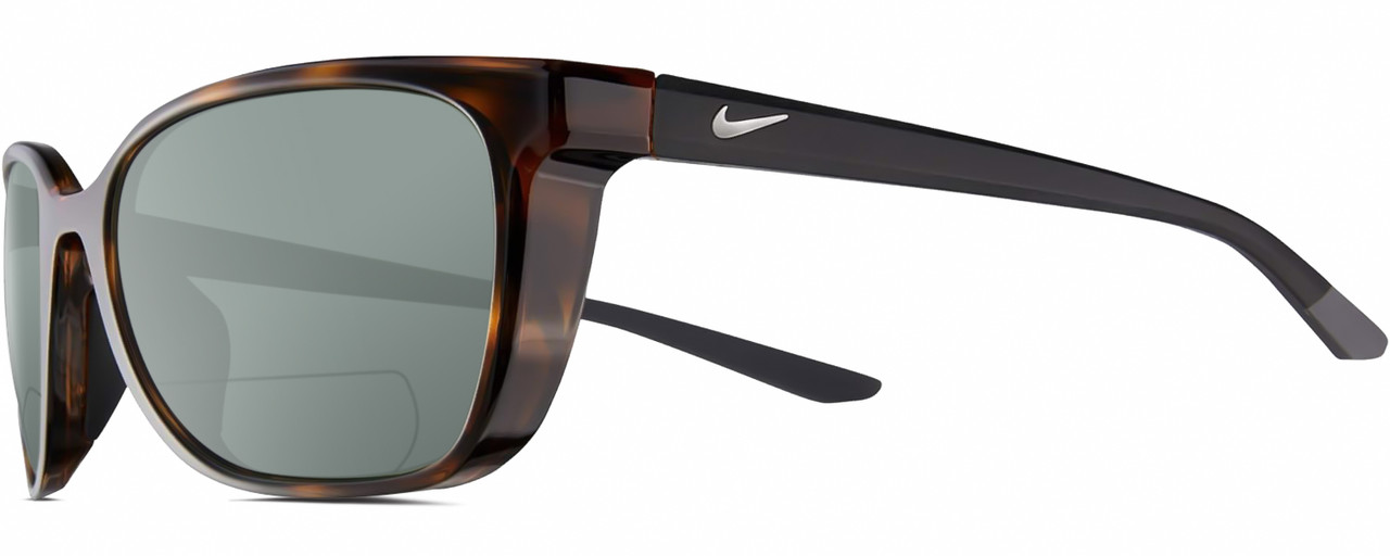 Profile View of NIKE Sentiment-220 Designer Polarized Reading Sunglasses with Custom Cut Powered Smoke Grey Lenses in Gloss Brown Tortoise Havana Matte Black Grey Ladies Square Full Rim Acetate 56 mm