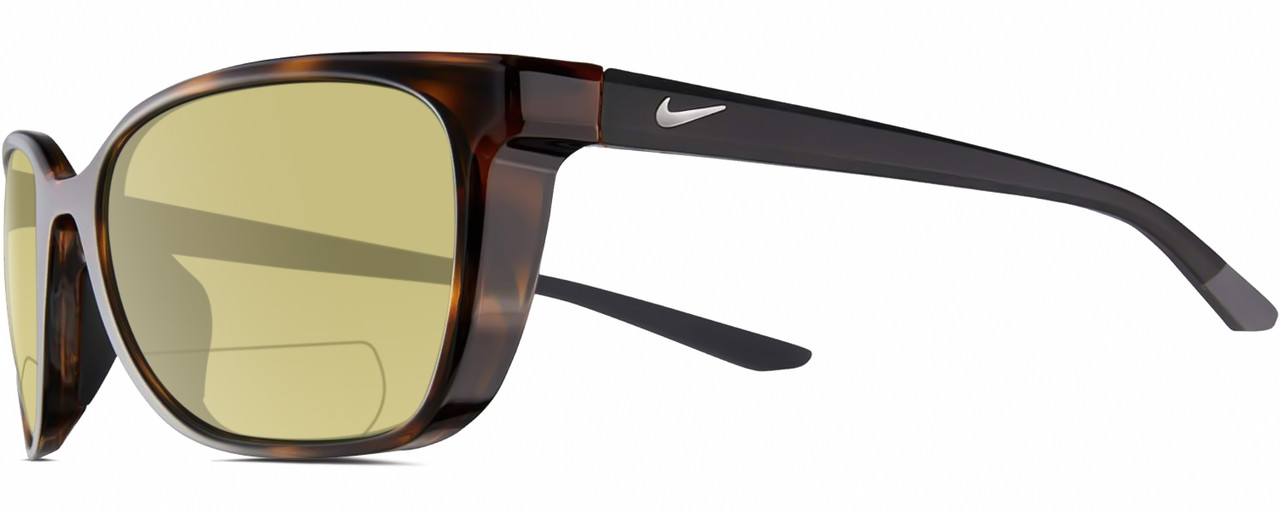 Profile View of NIKE Sentiment-220 Designer Polarized Reading Sunglasses with Custom Cut Powered Sun Flower Yellow Lenses in Gloss Brown Tortoise Havana Matte Black Grey Ladies Square Full Rim Acetate 56 mm