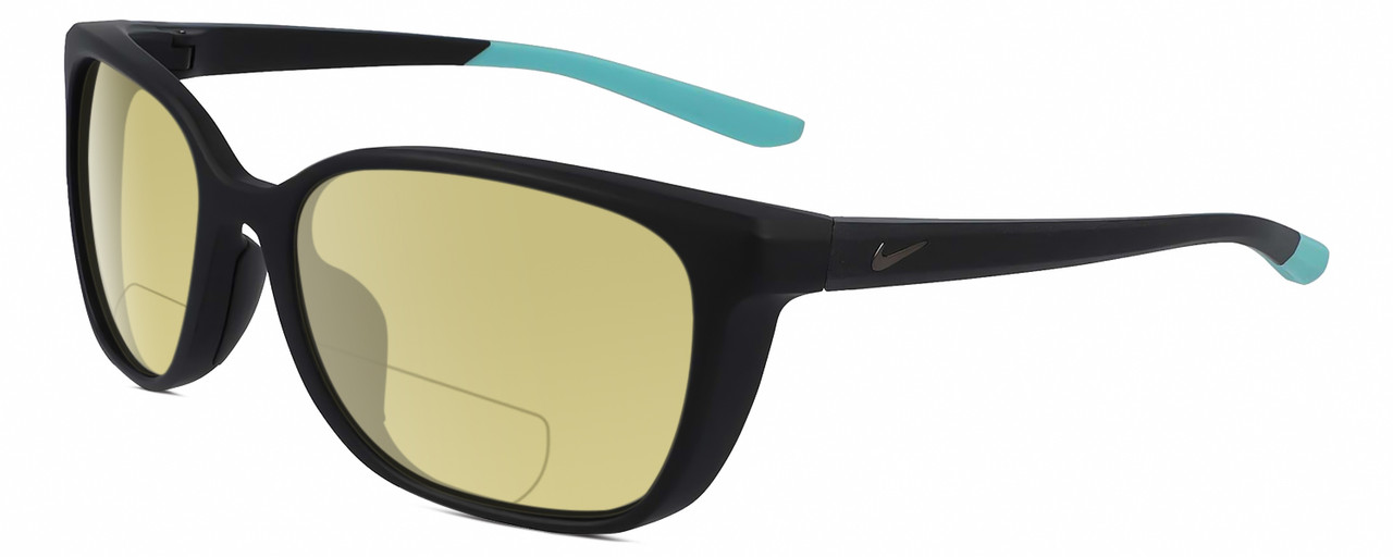 Profile View of NIKE Sentiment-CT7886-010 Designer Polarized Reading Sunglasses with Custom Cut Powered Sun Flower Yellow Lenses in Matte Black Teal Blue Ladies Square Full Rim Acetate 56 mm