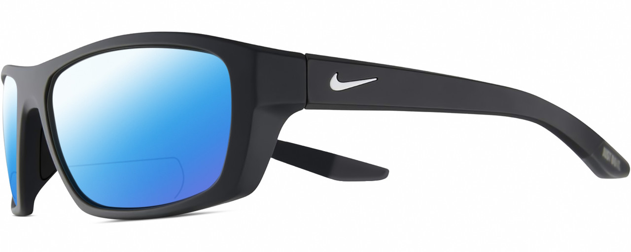 Profile View of NIKE Brazn-Boost-P-CT8177-060 Designer Polarized Reading Sunglasses with Custom Cut Powered Blue Mirror Lenses in Matte Anthracite Grey White Mens Rectangular Full Rim Acetate 57 mm