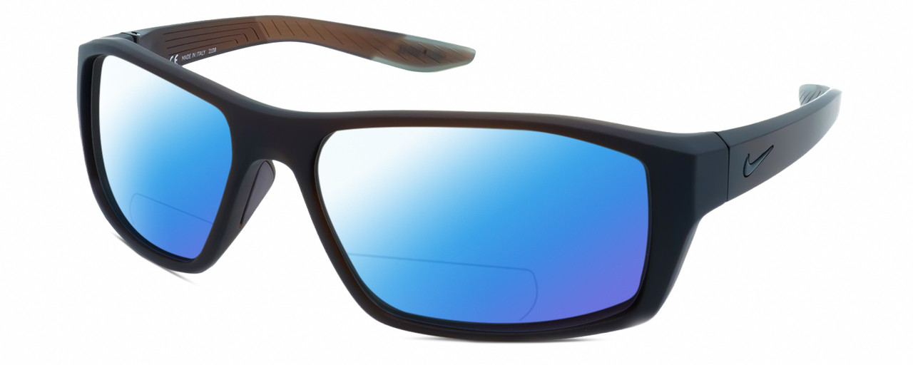 Profile View of NIKE Brazn-Shadow-233 Designer Polarized Reading Sunglasses with Custom Cut Powered Blue Mirror Lenses in Matte Dorado Brown Mens Rectangular Full Rim Acetate 59 mm