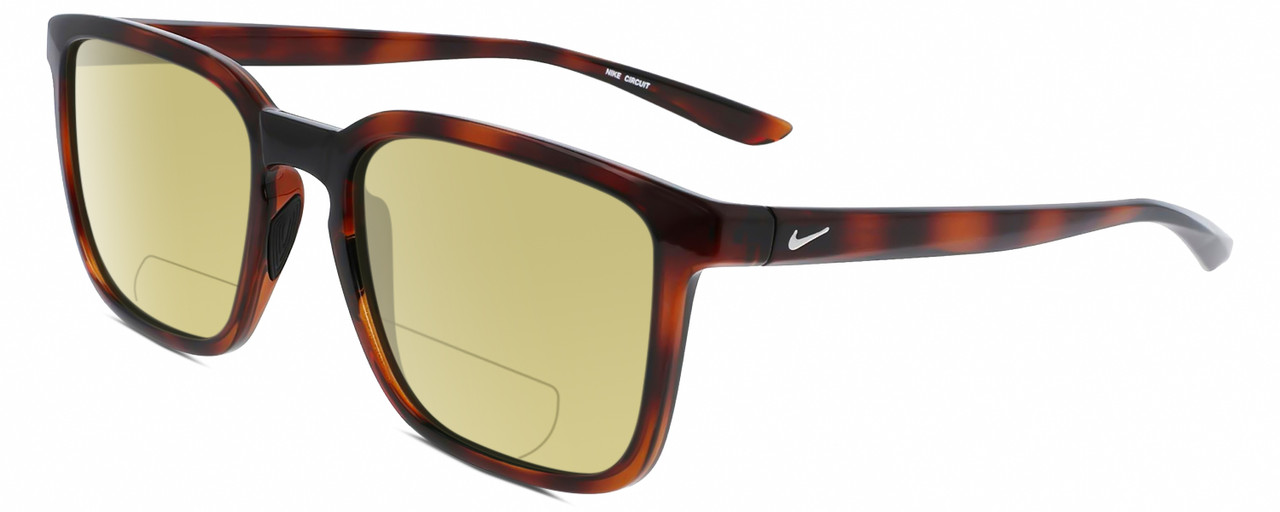 Profile View of NIKE Circuit-MI-220 Designer Polarized Reading Sunglasses with Custom Cut Powered Sun Flower Yellow Lenses in Gloss Auburn Brown Tortoise Havana Unisex Square Full Rim Acetate 55 mm