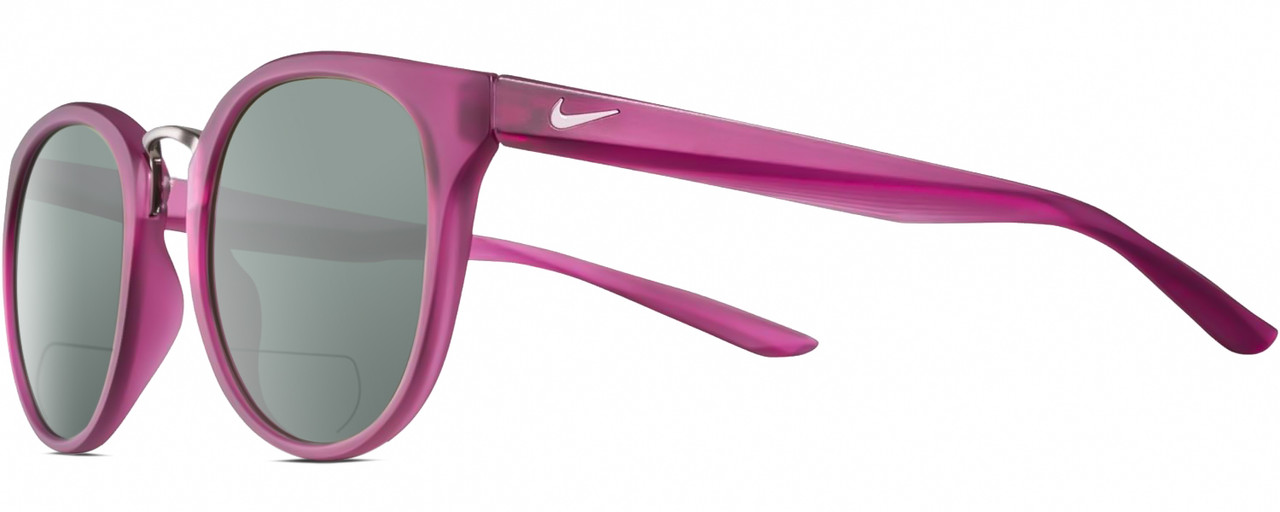 Profile View of NIKE Revere-EV1156-660 Designer Polarized Reading Sunglasses with Custom Cut Powered Smoke Grey Lenses in Matte True Berry Violet Purple Gradient Gunmetal Ladies Panthos Full Rim Acetate 51 mm