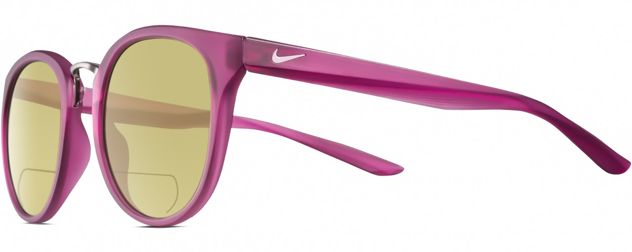 Profile View of NIKE Revere-EV1156-660 Designer Polarized Reading Sunglasses with Custom Cut Powered Sun Flower Yellow Lenses in Matte True Berry Violet Purple Gradient Gunmetal Ladies Panthos Full Rim Acetate 51 mm