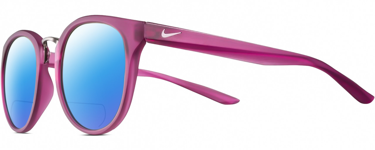 Profile View of NIKE Revere-EV1156-660 Designer Polarized Reading Sunglasses with Custom Cut Powered Blue Mirror Lenses in Matte True Berry Violet Purple Gradient Gunmetal Ladies Panthos Full Rim Acetate 51 mm