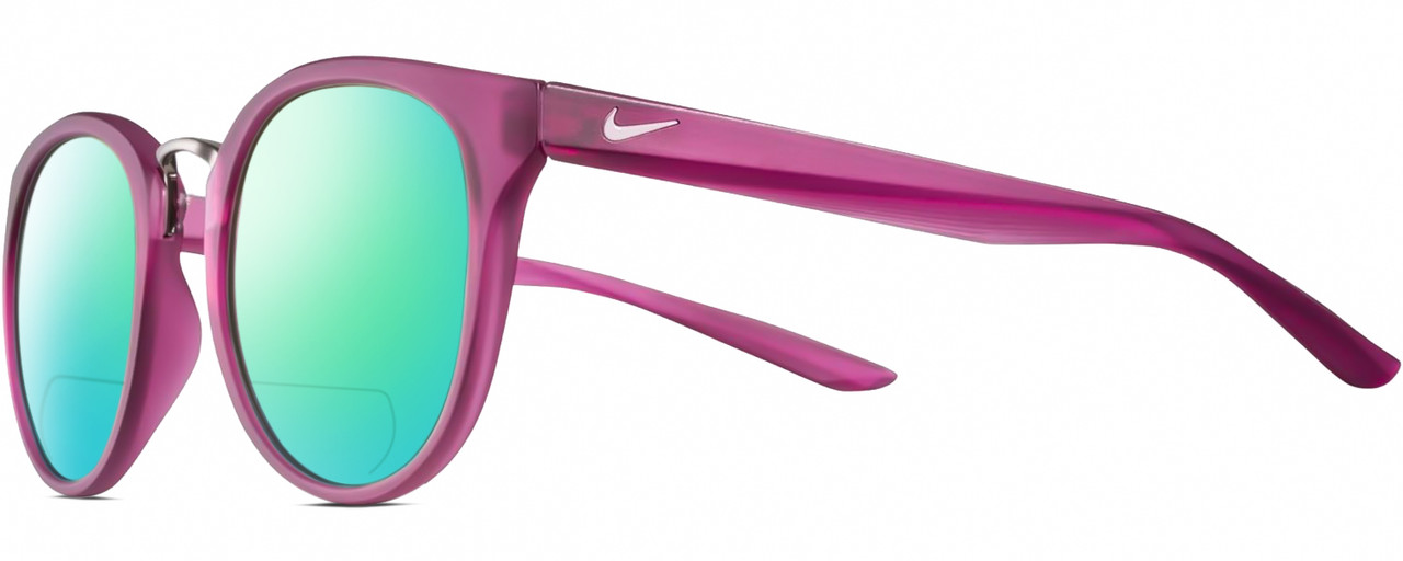 Profile View of NIKE Revere-EV1156-660 Designer Polarized Reading Sunglasses with Custom Cut Powered Green Mirror Lenses in Matte True Berry Violet Purple Gradient Gunmetal Ladies Panthos Full Rim Acetate 51 mm