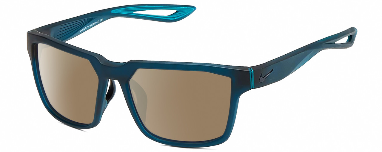 Profile View of NIKE Fleet-R-EV099-442 Designer Polarized Sunglasses with Custom Cut Amber Brown Lenses in Matte Navy Blue Turquoise Mens Square Full Rim Acetate 55 mm