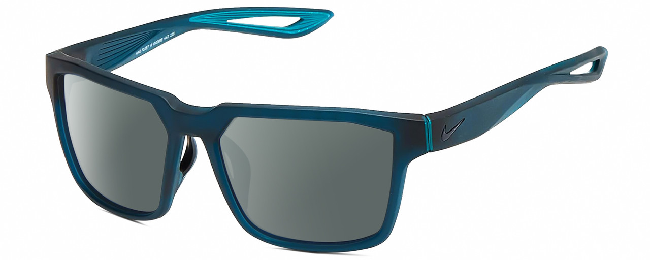Profile View of NIKE Fleet-R-EV099-442 Designer Polarized Sunglasses with Custom Cut Smoke Grey Lenses in Matte Navy Blue Turquoise Mens Square Full Rim Acetate 55 mm