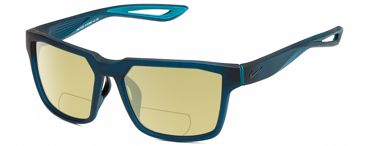 Profile View of NIKE Fleet-R-EV099-442 Designer Polarized Reading Sunglasses with Custom Cut Powered Sun Flower Yellow Lenses in Matte Navy Blue Turquoise Mens Square Full Rim Acetate 55 mm