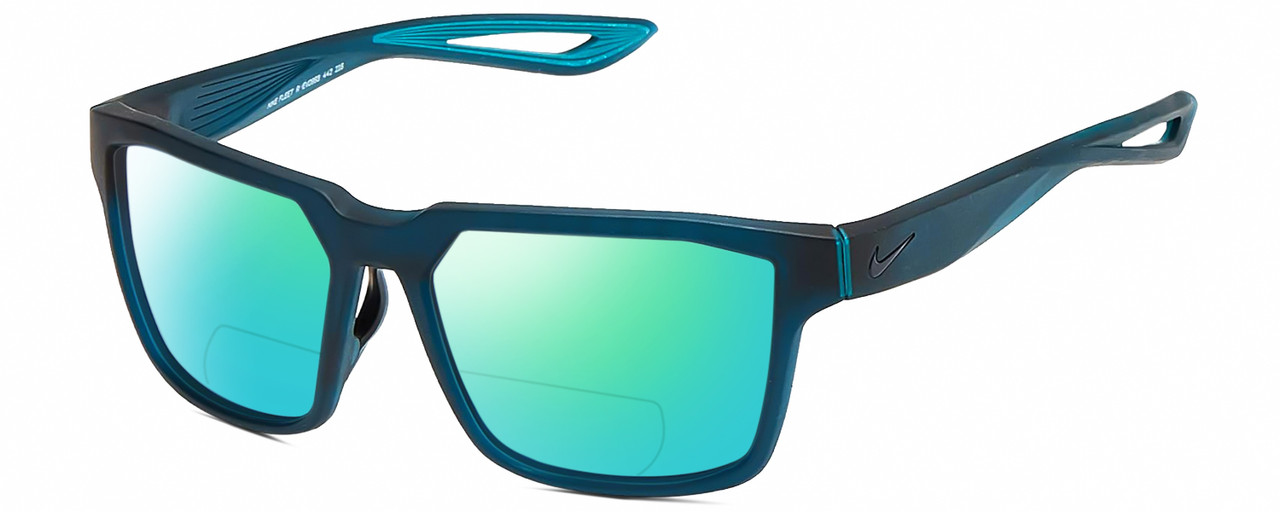 Profile View of NIKE Fleet-R-EV099-442 Designer Polarized Reading Sunglasses with Custom Cut Powered Green Mirror Lenses in Matte Navy Blue Turquoise Mens Square Full Rim Acetate 55 mm