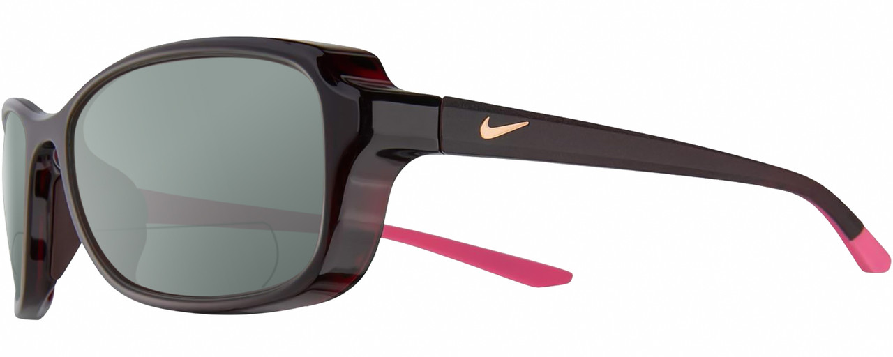 Profile View of NIKE Breeze-M-CT7890-233 Designer Polarized Reading Sunglasses with Custom Cut Powered Smoke Grey Lenses in Dark Burgundy Red Crystal Grey Hot Pink Ladies Oval Full Rim Acetate 57 mm