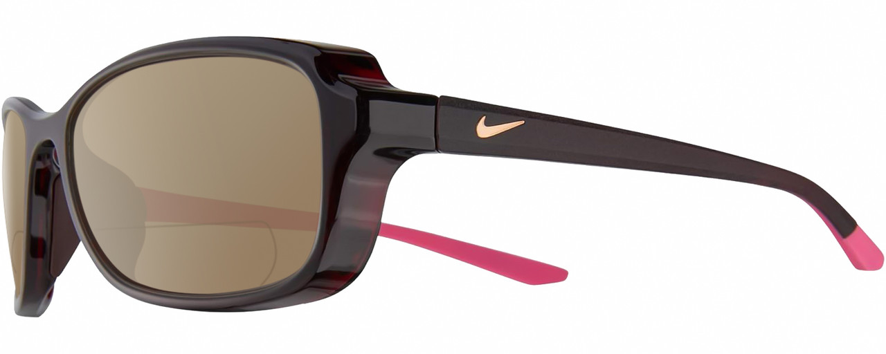 Profile View of NIKE Breeze-M-CT7890-233 Designer Polarized Reading Sunglasses with Custom Cut Powered Amber Brown Lenses in Dark Burgundy Red Crystal Grey Hot Pink Ladies Oval Full Rim Acetate 57 mm