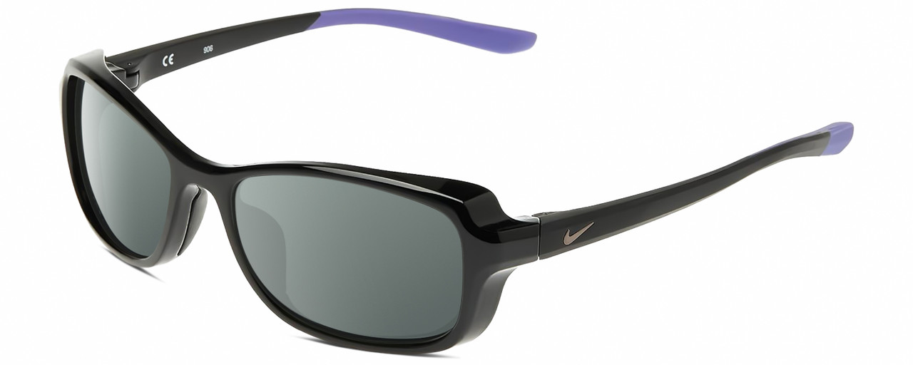 Profile View of NIKE Breeze-CT8031-010 Designer Polarized Sunglasses with Custom Cut Smoke Grey Lenses in Gloss Black Matte Purple Ladies Oval Full Rim Acetate 57 mm