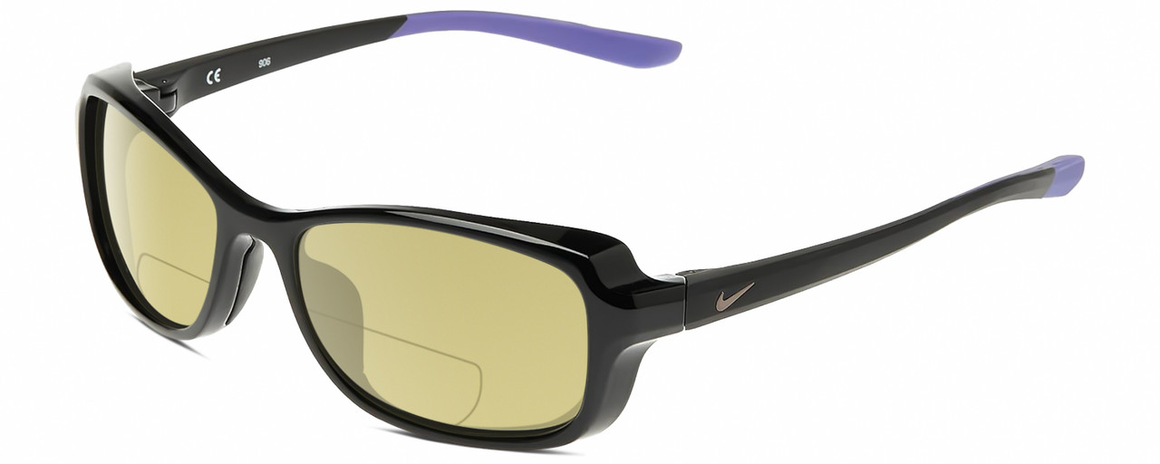 Profile View of NIKE Breeze-CT8031-010 Designer Polarized Reading Sunglasses with Custom Cut Powered Sun Flower Yellow Lenses in Gloss Black Matte Purple Ladies Oval Full Rim Acetate 57 mm