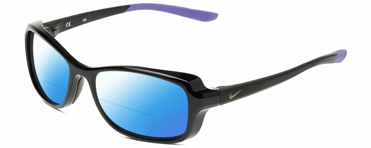 Profile View of NIKE Breeze-CT8031-010 Designer Polarized Reading Sunglasses with Custom Cut Powered Blue Mirror Lenses in Gloss Black Matte Purple Ladies Oval Full Rim Acetate 57 mm