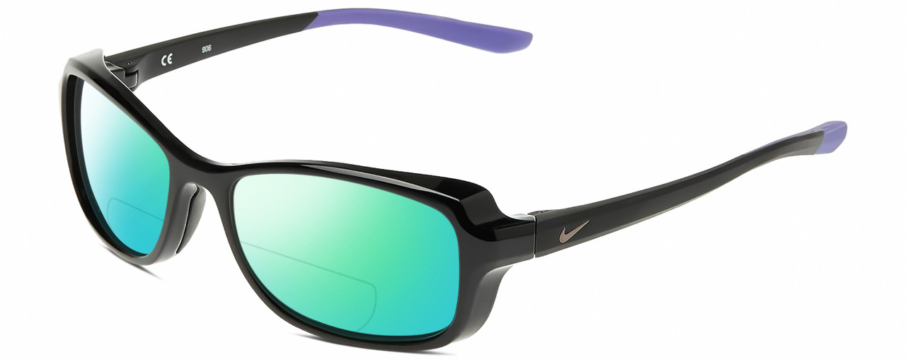 Profile View of NIKE Breeze-CT8031-010 Designer Polarized Reading Sunglasses with Custom Cut Powered Green Mirror Lenses in Gloss Black Matte Purple Ladies Oval Full Rim Acetate 57 mm