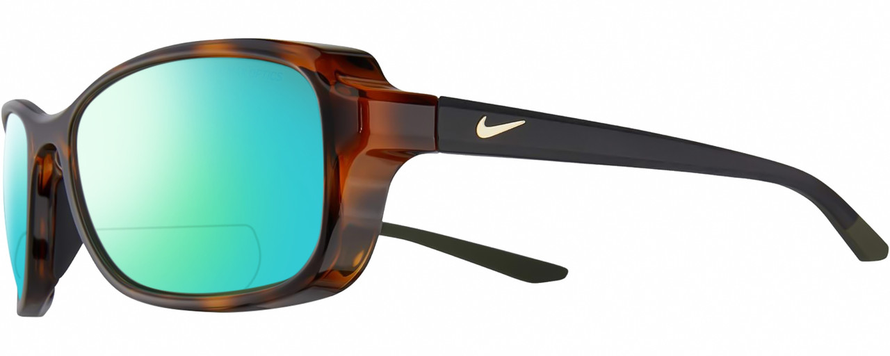 Profile View of NIKE Breeze-CT8031-220 Designer Polarized Reading Sunglasses with Custom Cut Powered Green Mirror Lenses in Gloss Brown Tortoise Havana Black Grey Gold Ladies Oval Full Rim Acetate 57 mm