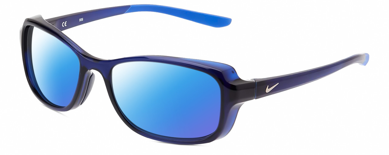 Profile View of NIKE Breeze-CT8031-410 Designer Polarized Sunglasses with Custom Cut Blue Mirror Lenses in Midnight Navy Blue Crystal Ladies Oval Full Rim Acetate 57 mm