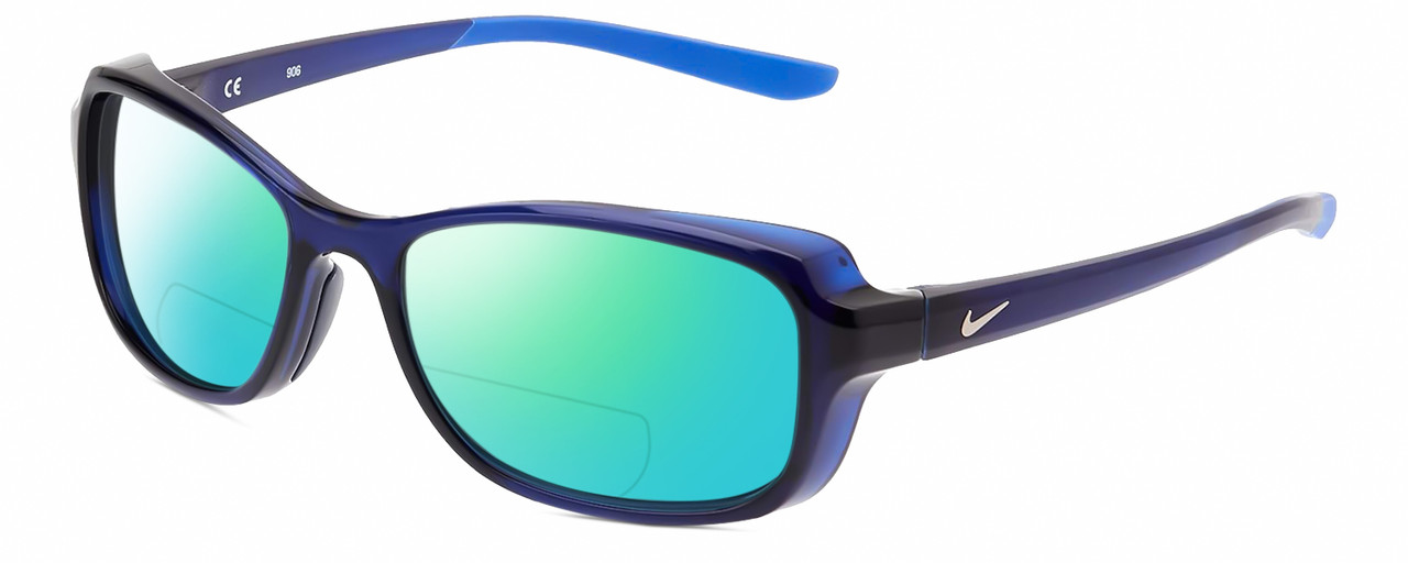 Profile View of NIKE Breeze-CT8031-410 Designer Polarized Reading Sunglasses with Custom Cut Powered Green Mirror Lenses in Midnight Navy Blue Crystal Ladies Oval Full Rim Acetate 57 mm