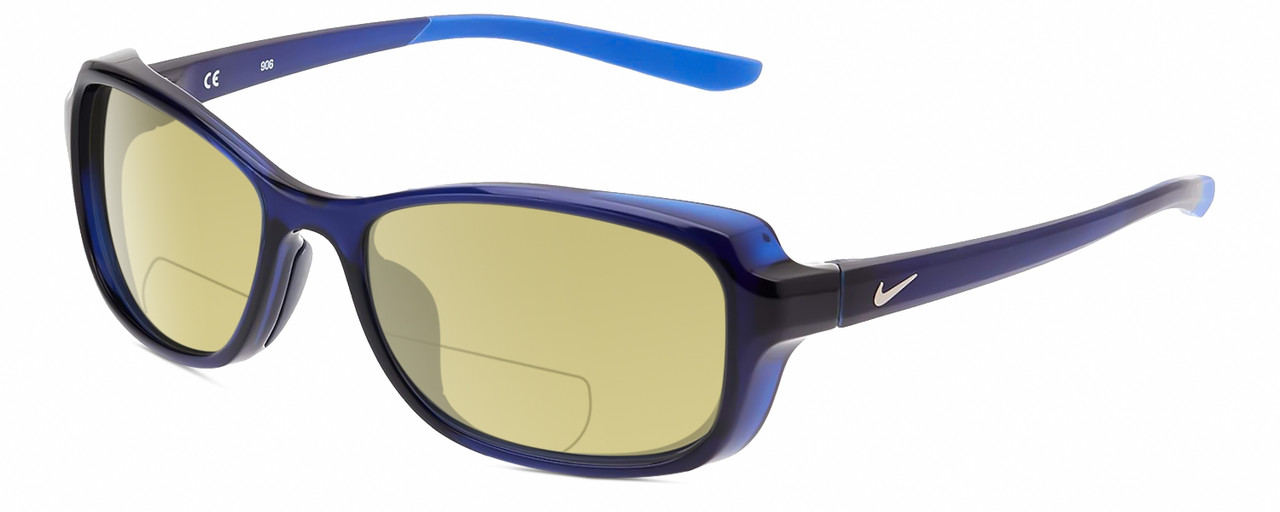 Profile View of NIKE Breeze-CT8031-410 Designer Polarized Reading Sunglasses with Custom Cut Powered Sun Flower Yellow Lenses in Midnight Navy Blue Crystal Ladies Oval Full Rim Acetate 57 mm
