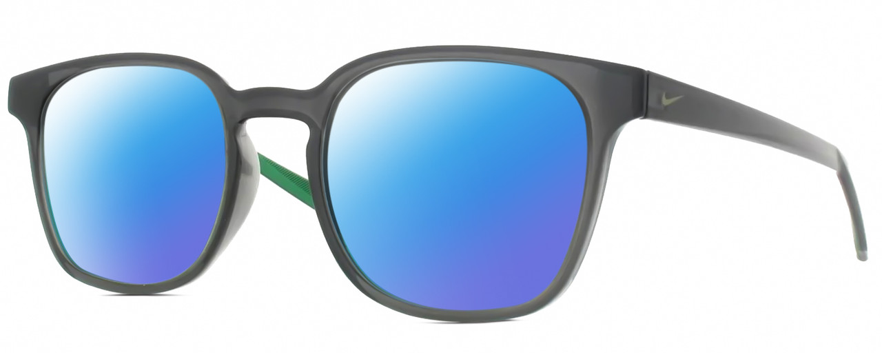 Profile View of NIKE Session-080 Designer Polarized Sunglasses with Custom Cut Blue Mirror Lenses in Oil Grey Crystal Pine Green Unisex Panthos Full Rim Acetate 51 mm