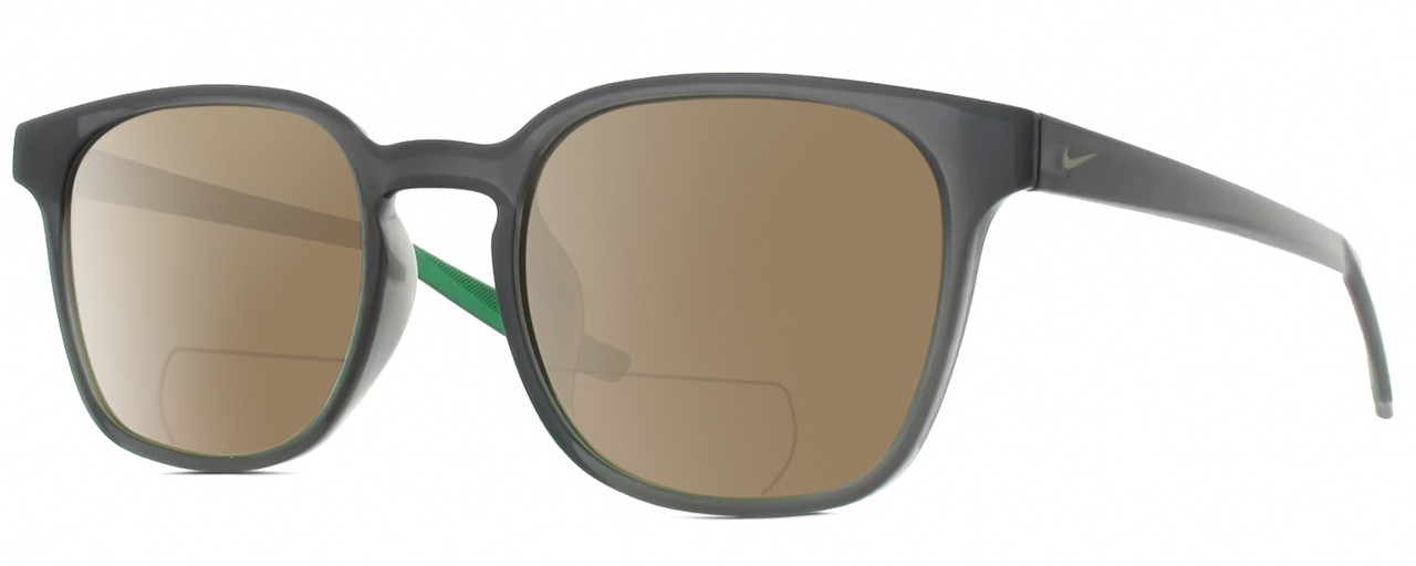 Profile View of NIKE Session-080 Designer Polarized Reading Sunglasses with Custom Cut Powered Amber Brown Lenses in Oil Grey Crystal Pine Green Unisex Panthos Full Rim Acetate 51 mm