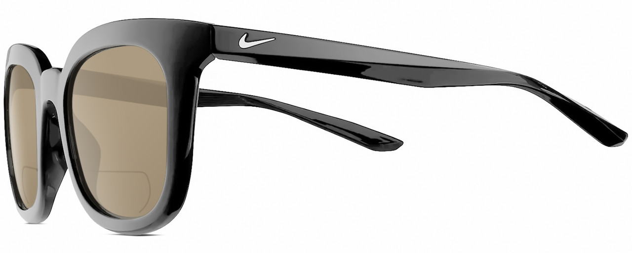 Profile View of NIKE Myriad-P-CW4720-010 Designer Polarized Reading Sunglasses with Custom Cut Powered Amber Brown Lenses in Gloss Black Silver Ladies Panthos Full Rim Acetate 52 mm